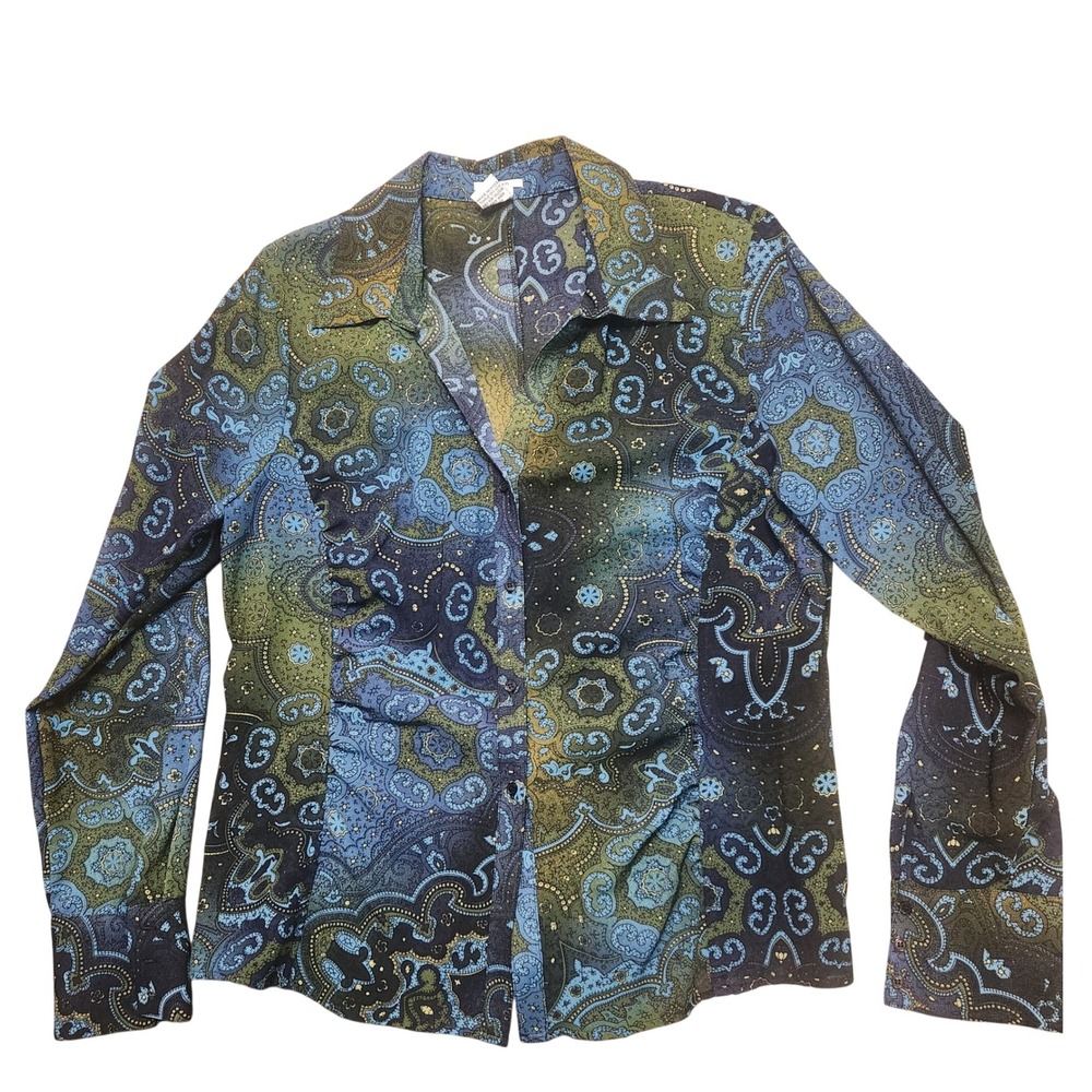 Boho Y2K Hippie Evelyn Button Down Top Women 14 Blue Green Paisley Ruched Side